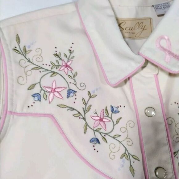 Scully Ivory Pink Floral Embroidered Breast Cancer Ribbon Western Pearl Snap L - Picture 4 of 8